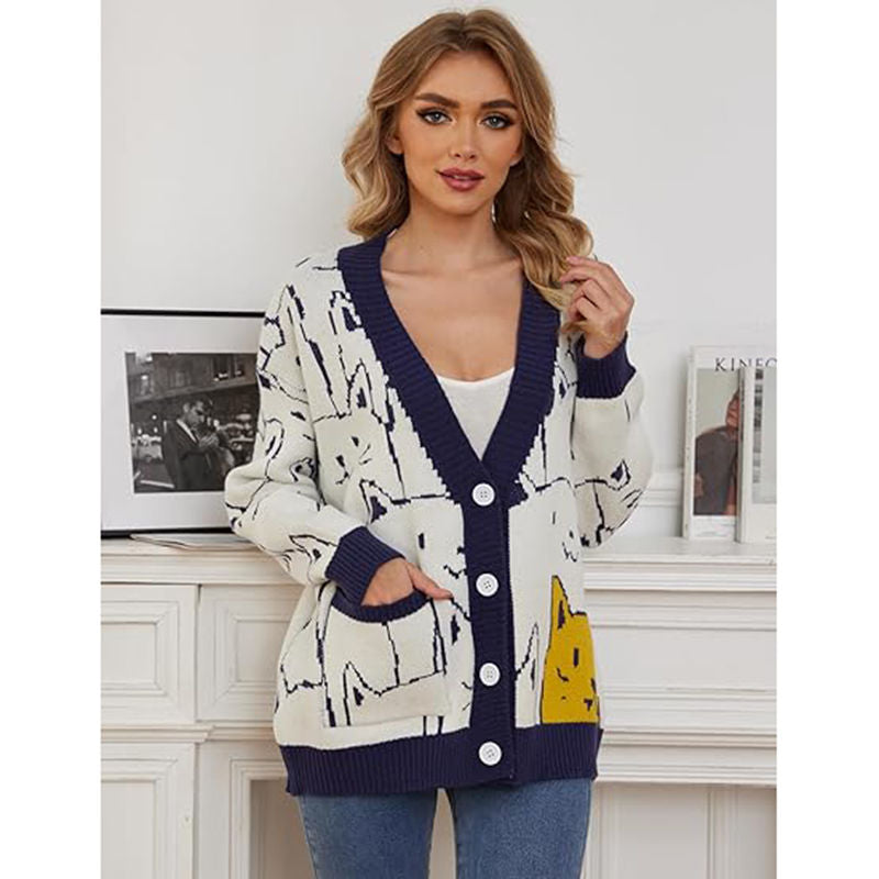 Beakey Kawaii Cat Sweater for Women Button Down V Neck Knitted Cardigan-Blue