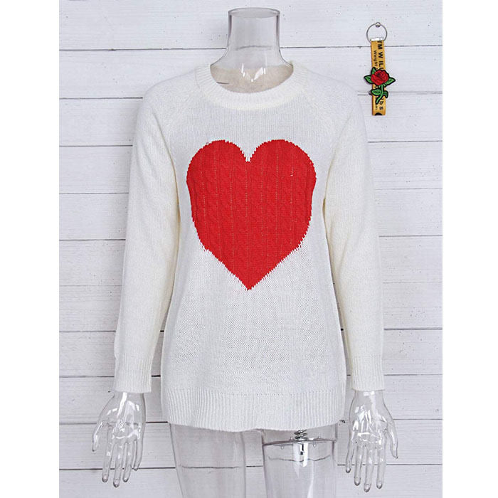 Beakey Women Cute Sweaters Heart Crewneck Long Sleeve Knitted Pullover Sweater-White-118004
