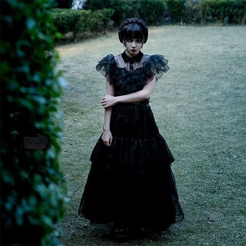 Beakey Classic Evening Dress for Women with Belt Wednesday Cosplay Costume