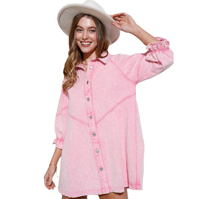 Beakey Denim Shirt Dress for Fall Lantern Sleeve Vintage Loose Babydoll-Pink