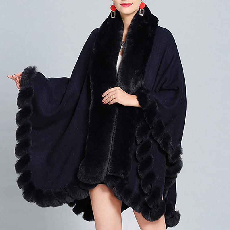 Beakey Womens Faux Fox Fur Trim Cardigan Shawl Oversized Cape-Navy Blue