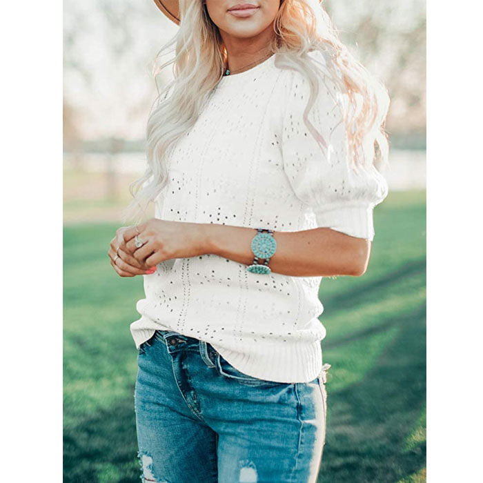 Beakey Womens Lightweight Puff Short Sleeve Sweaters Tops Crew Neck Dot Pullover Shirt-White