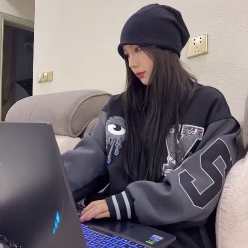Beakey Y2K Varsity Jacket Unisex Embroidery print Baseball Coat Streetwear-Black