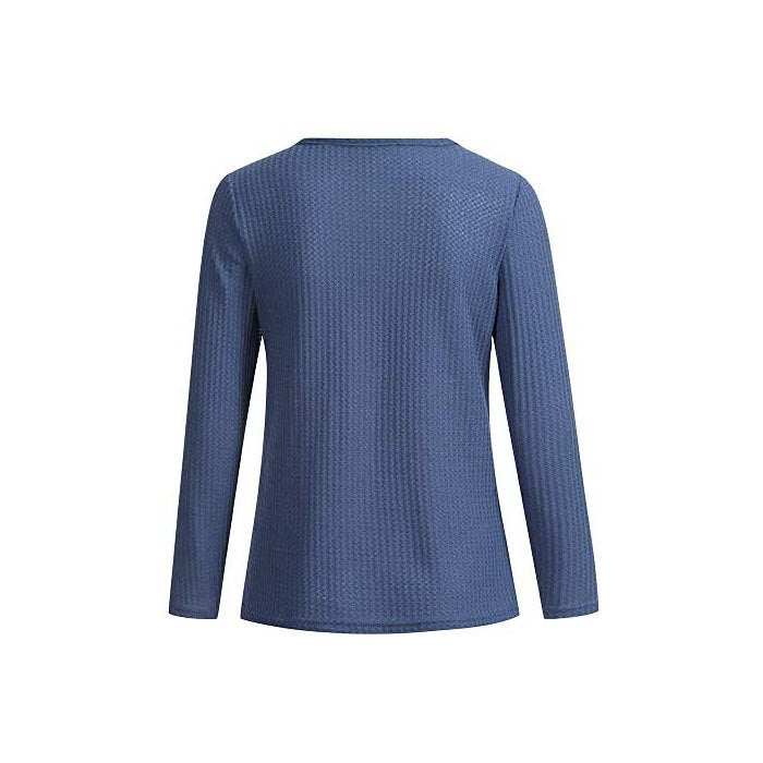 Beakey Womens V Neck Shirts Long Sleeve Waffle Knit Loose Fitting Warm Pullover Sweaters-Blue-5888