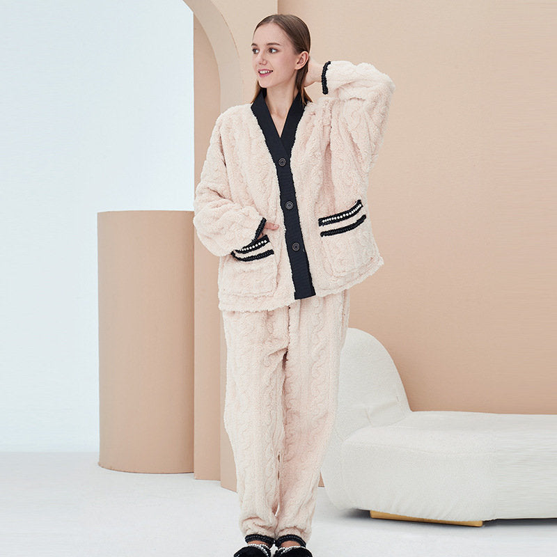 Beakey Women's Fleece Fashion Cardigan Pajama Set-Beige