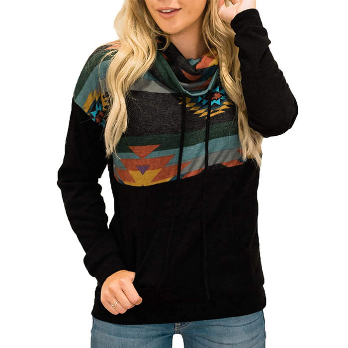 Beakey Women Turtleneck Color Block Pullover Sweatshirt Tops With Pockets-Black-HY201028