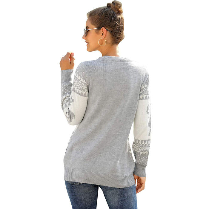Beakey Women Long Sleeve Christmas Tree Reindeer Holiday Knit Sweater Pullover-Gray-CFB0032