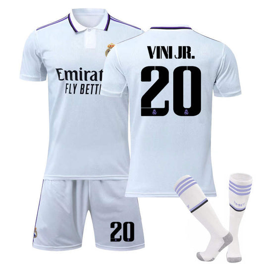 Beakey Real Madrid Home Jersey 2022-23 VINI JR. #20 Soccer Jersey Kids Adult 3-Pieces Jersey Kits
