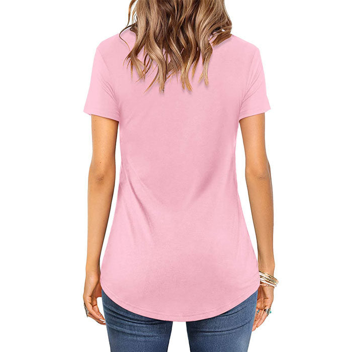 Beakey Women's Summer Tops V Neck T Shirt Short Sleeve Criss Cross Loose Casual Tops-Pink