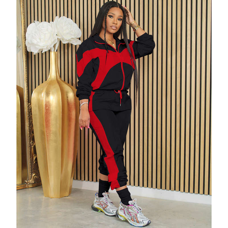 Beakey Womens Windbreaker Jacket Pants Colorblock Patchwork Tracksuit-Black