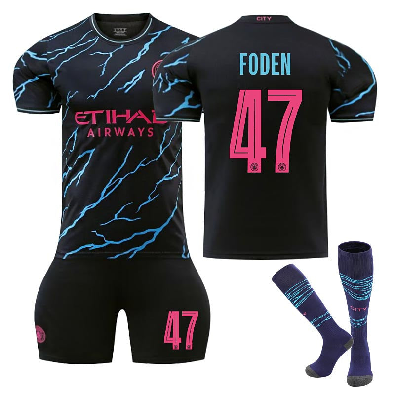 Beakey Manchester City Second Away UEFA Jersey FODEN #47 Soccer Jersey Kids Adult 3Pcs Jersey Kits
