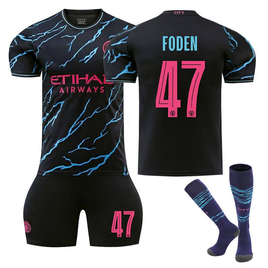 Beakey Manchester City Second Away UEFA Jersey FODEN #47 Soccer Jersey Kids Adult 3Pcs Jersey Kits