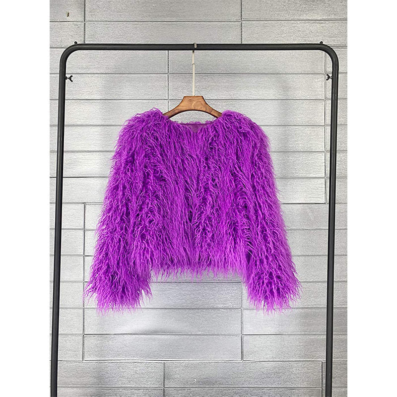 Beakey Womens Shaggy Faux Fur Outwear Short Thermal Coat-Purple
