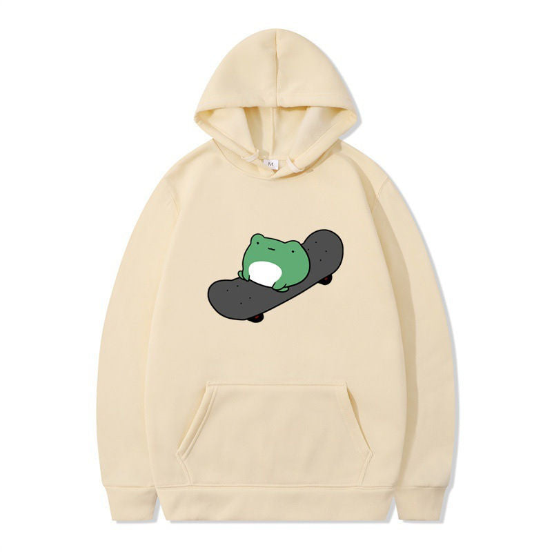 Beakey Womens Cute Hoodie Skateboarding Frog Long Sleeve Pullover-Apricot