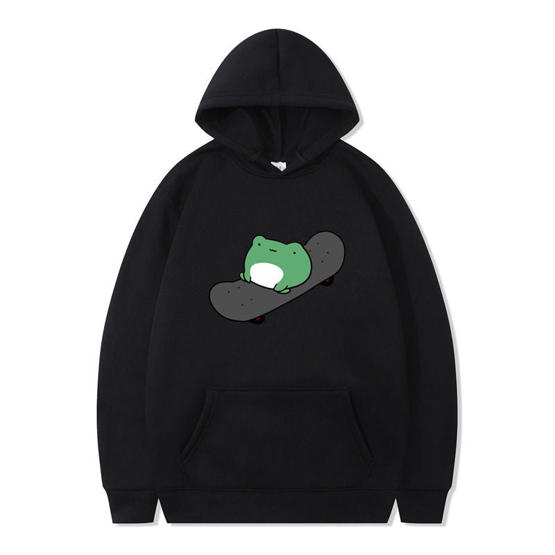 Beakey Womens Cute Hoodie Skateboarding Frog Long Sleeve Pullover-Black