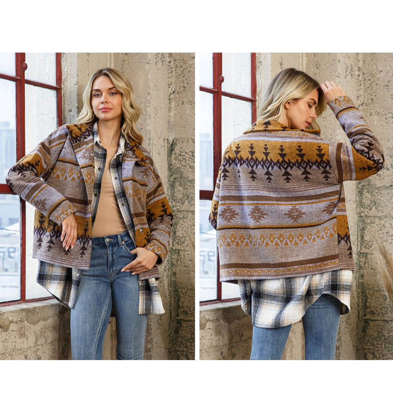 Beakey Womens Aztec Shacket Jacket Boho Wool Blend Coat with Pockets-Yellow