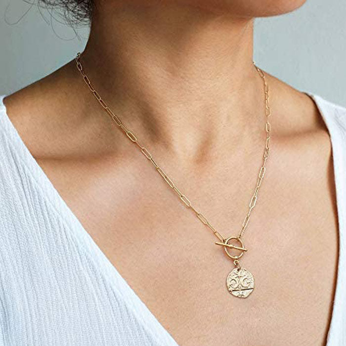 Beakey Simple Cute Long Pendant Necklace Oval Link Choker Double Layer Jewery-Stars And Moon1-GL-0023A