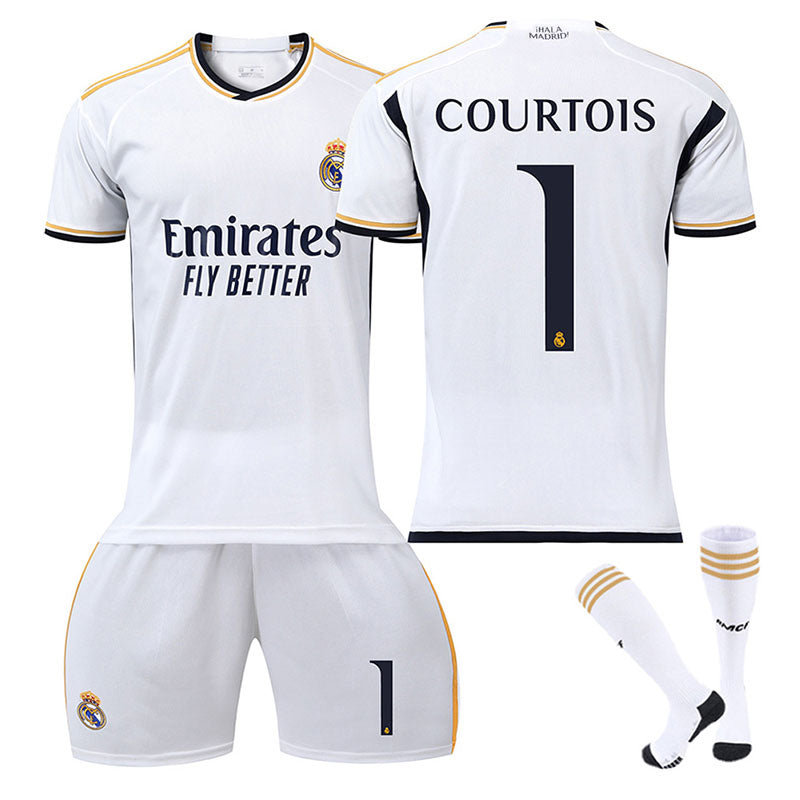 Beakey Real Madrid Home Jersey COURTOIS #1 Soccer Jersey Kids Adult 3Pcs Jersey Kits