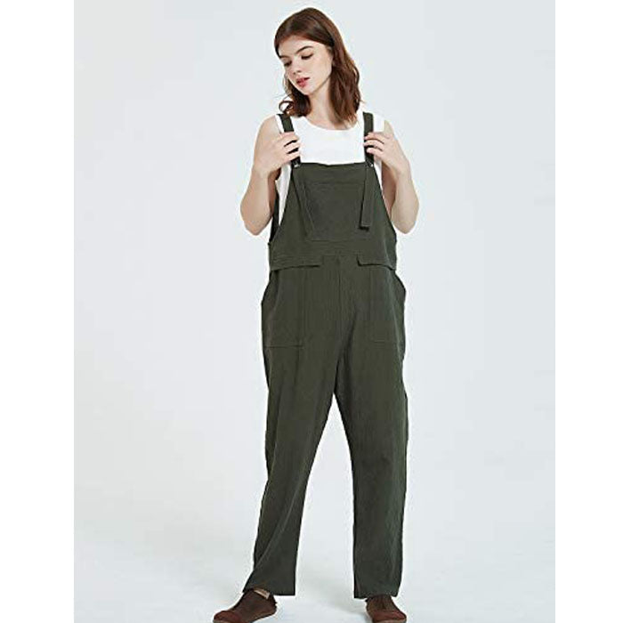 Beakey Women's Casual Baggy Cotton Linen Jumpsuit Overalls With Pockets-Green-5859
