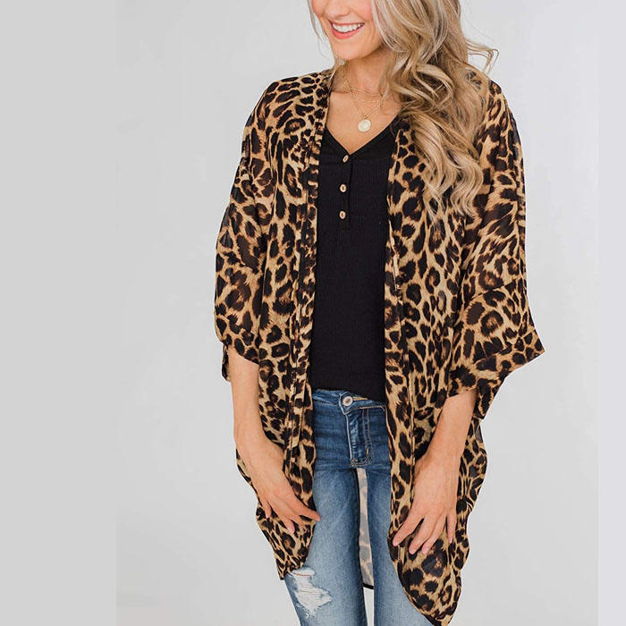 Beakey Women's Summer Floral Print Kimonos Loose Half Sleeve Chiffon Cardigan Blouses Casual Cover Up - Leopard