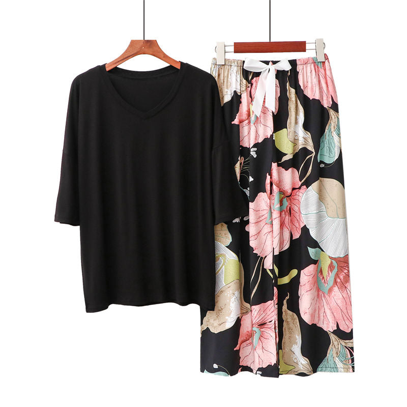 Beakey Womens Pajama Set Print Sleepwear Soft V-Neck Short Sleeve Top With Pants-33
