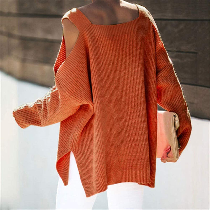 Beakey Womens Off Shoulder Oversized Sweater Fashion Knit Tunic Tops-Orange