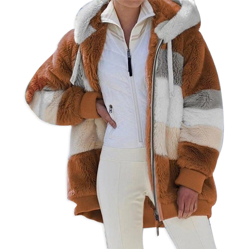 Beakey Womens Warm Plush Hooded Jacket Full Zip Colorblock Coat-Khaki