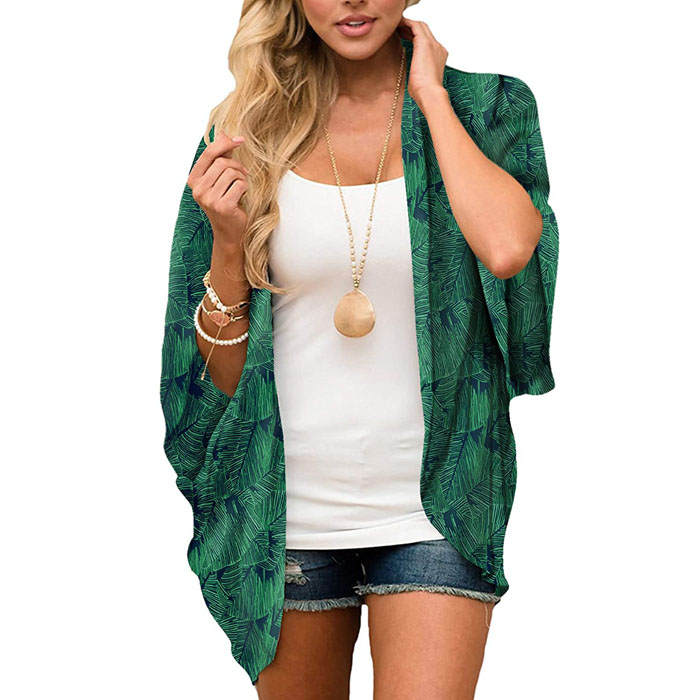 Beakey Women's Summer Floral Print Kimonos Loose Half Sleeve Chiffon Cardigan Blouses Casual Cover Up - Green Leaf