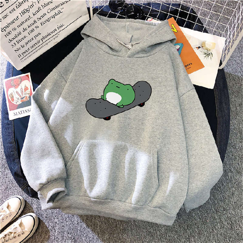 Beakey Womens Cute Hoodie Skateboarding Frog Long Sleeve Pullover-Grey