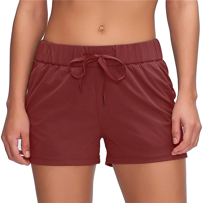 Beakey Women's Yoga Lounge Lace-up Shorts Comfy Casual Shorts With Pockets-Brick Red-2022