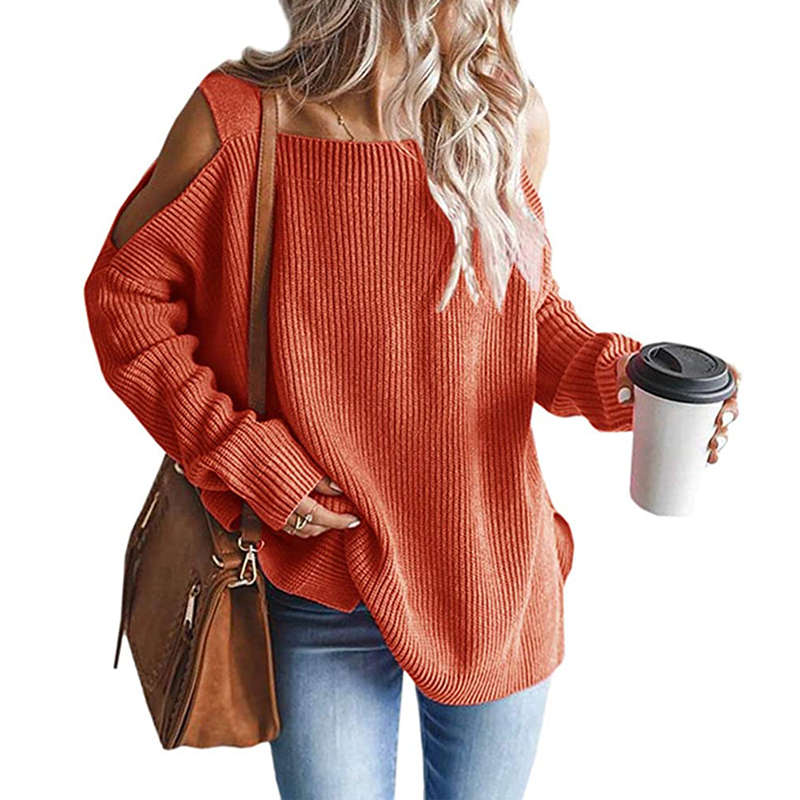 Beakey Womens Off Shoulder Oversized Sweater Fashion Knit Tunic Tops-Orange