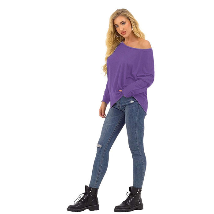Beakey Women's Batwing Sleeve Off Shoulder Oversized Baggy Tops Casual Sweater-Violet-8889