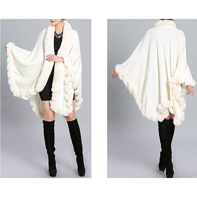 Beakey Womens Faux Fox Fur Trim Cardigan Shawl Oversized Cape-White