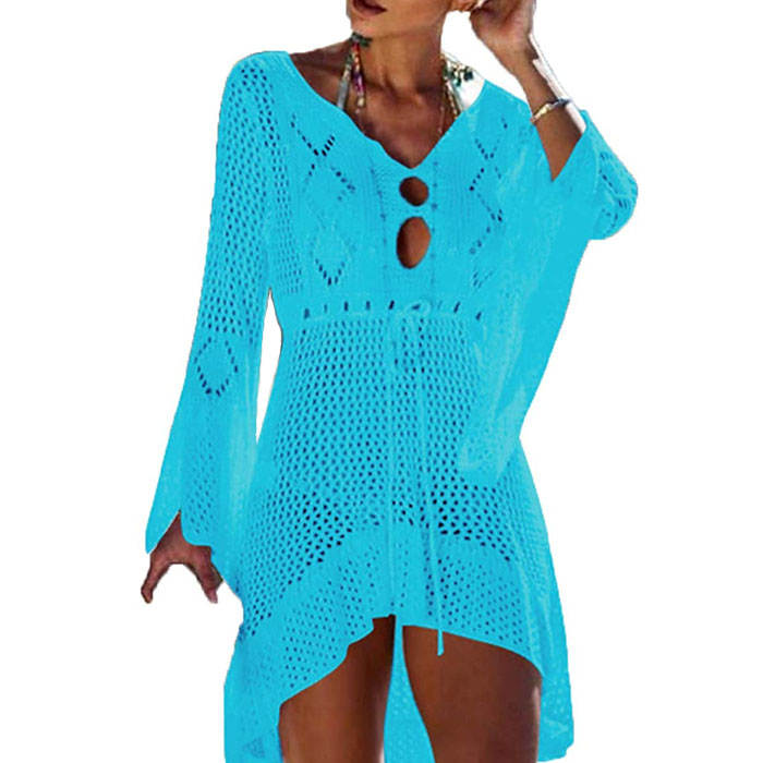 Beakey Women Beach Swimsuit for Women Flared Sleeves Coverups Bikini Loose Cover Up Net-Lake Blue