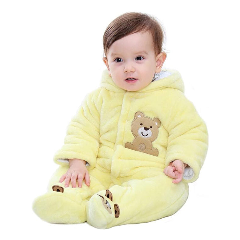 Beakey Newborn Flannel Jumpsuit with Hood Button Down Winter Rompers-Yellow