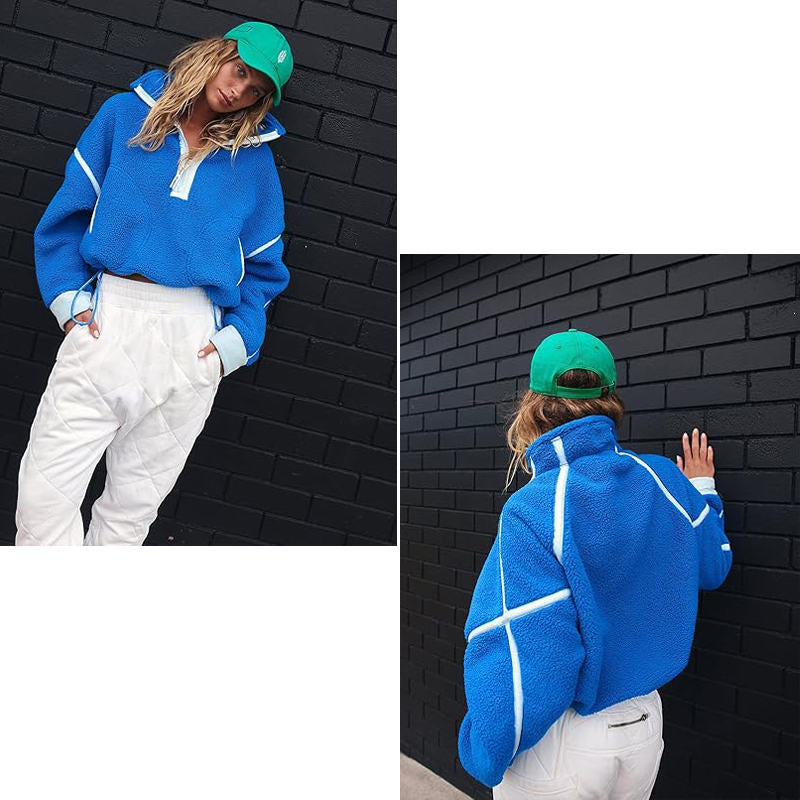 Beakey Womens Fleece Sweatshirts Half Zip Workout Crop Tops with Pockets-Blue
