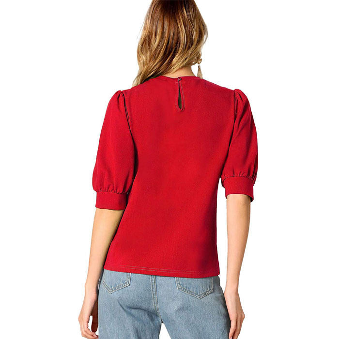 Beakey Women's Unique Puff Sleeve Casual Solid Top Pullover Keyhole Back Blouse-Red-8821