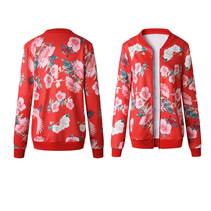 Beakey Women's Fashion Zip Up Casual Jacket Coat Short Outwear Flower Printing Tops-Red-8795