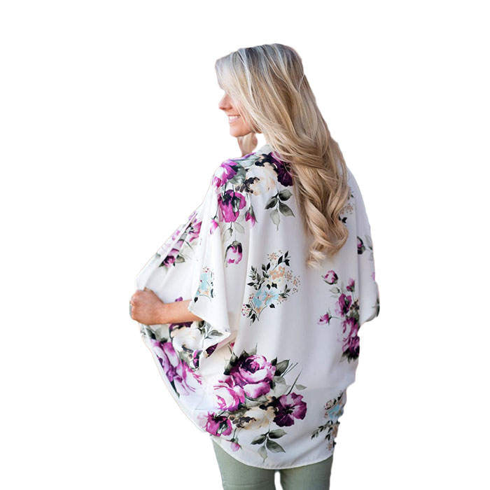 Beakey Women's Summer Floral Print Kimonos Loose Half Sleeve Chiffon Cardigan Blouses Casual Cover Up - White Flower
