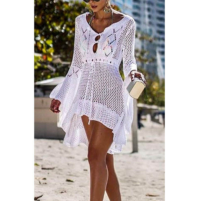 Beakey Women Beach Swimsuit for Women Flared Sleeves Coverups Bikini Loose Cover Up Net-White