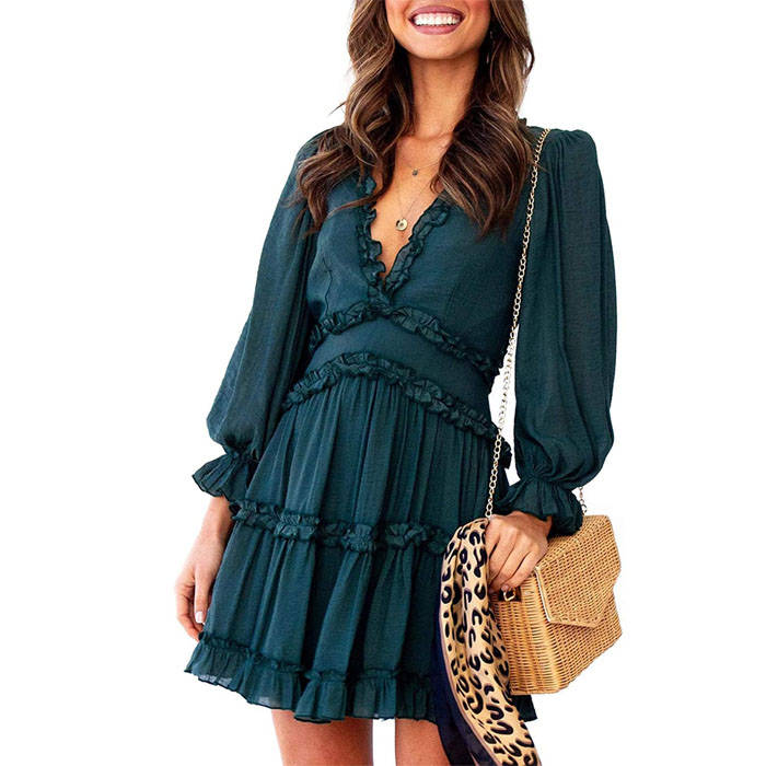 Beakey Womens Spring Summer Deep V Neck Ruffle Long Sleeve Mini Dress-Green-221766