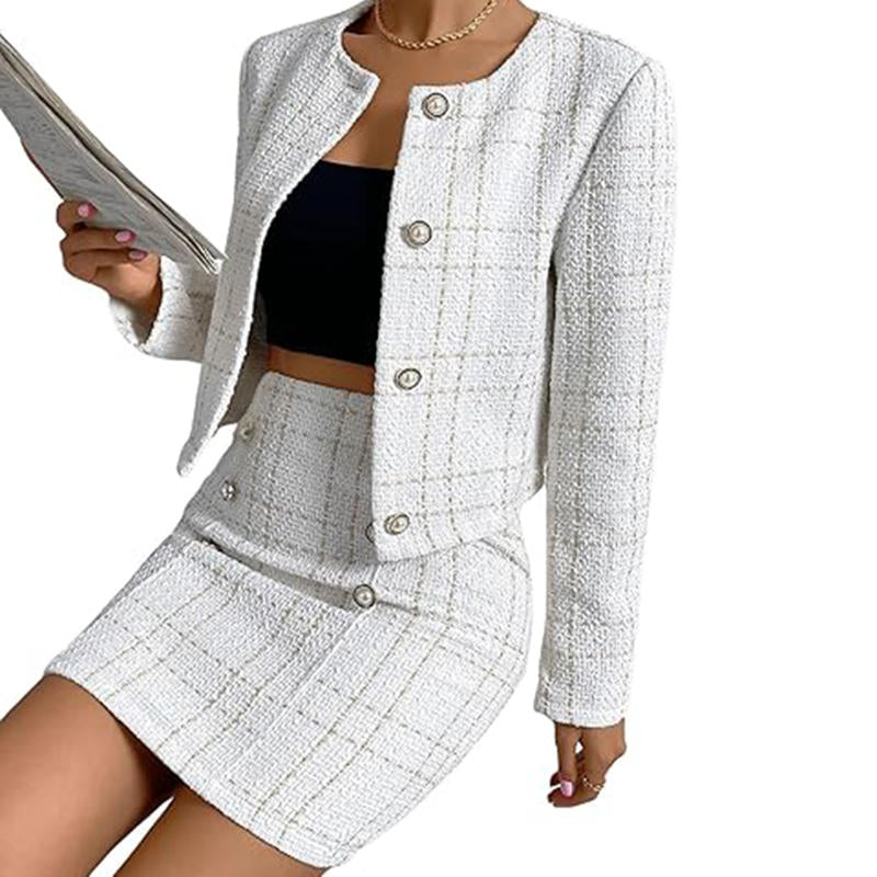 Beakey Elegant Outfit for Women Plaid Tweed Jacket + Bodycon Mini Skirt-White