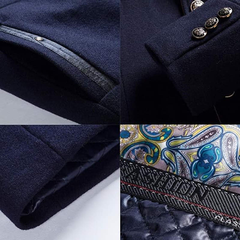 Beakey Mid Long Pea Coat for Men Single Breasted with Detachable Scarf-Navy Blue