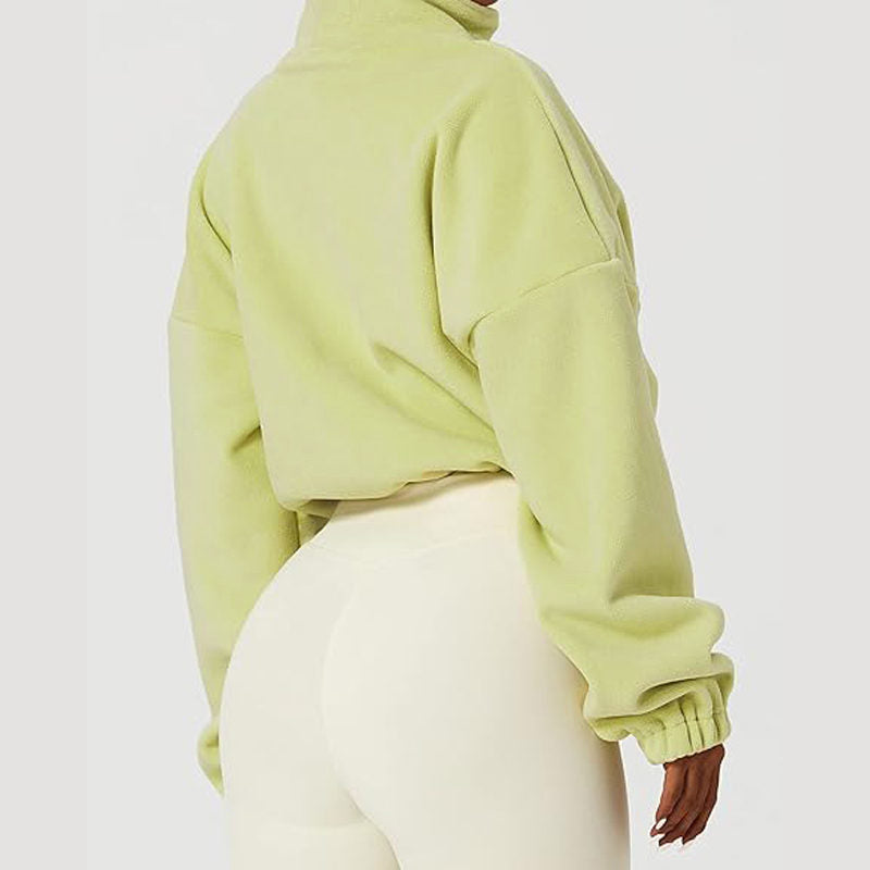 Beakey Womens Fleece Crop Jacket Full Zip Stand Collar Winter Coat-Green