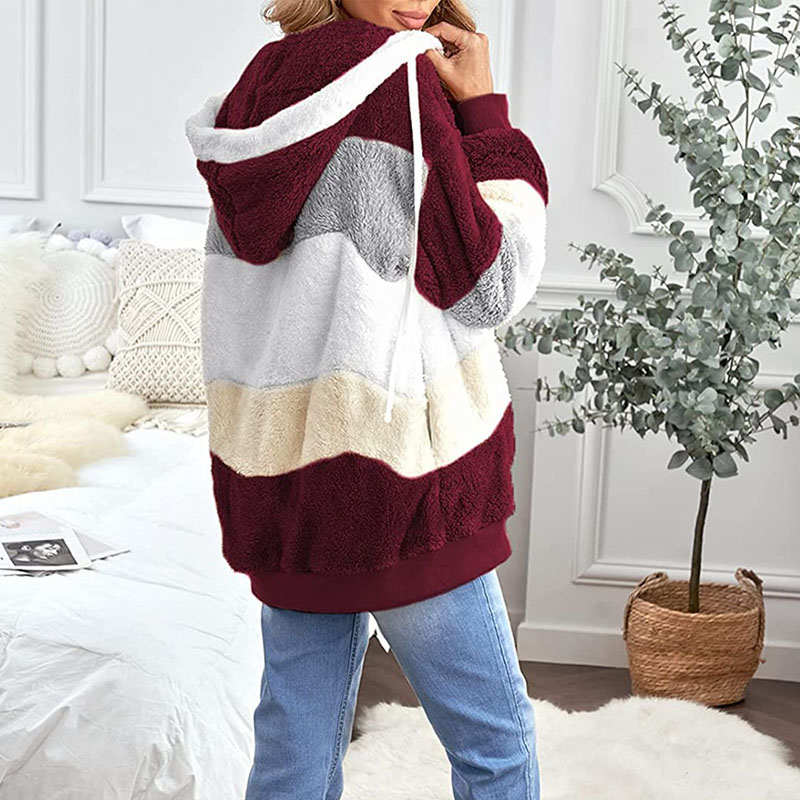 Beakey Womens Warm Plush Hooded Cardigan Full Zip Colorblock Jacket-Wine Red