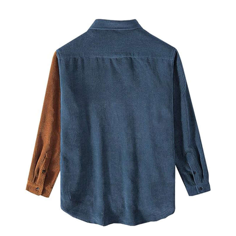 Beakey Mens Corduroy Shirt Patchwork Button Down Jacket with Chest Pocket-Blue