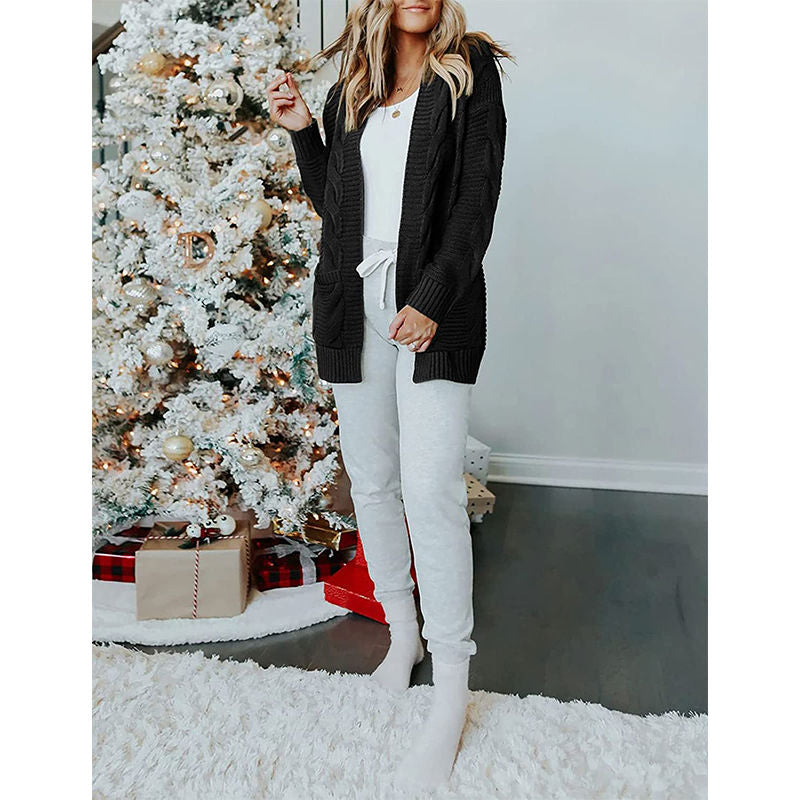 Beakey Womens Long Sleeve Cable Knit Cardigan Sweater Mid Length Coat-Black