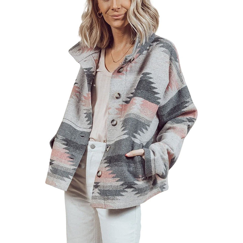 Beakey Womens Aztec Shacket Jacket Boho Wool Blend Coat with Pockets-Pink