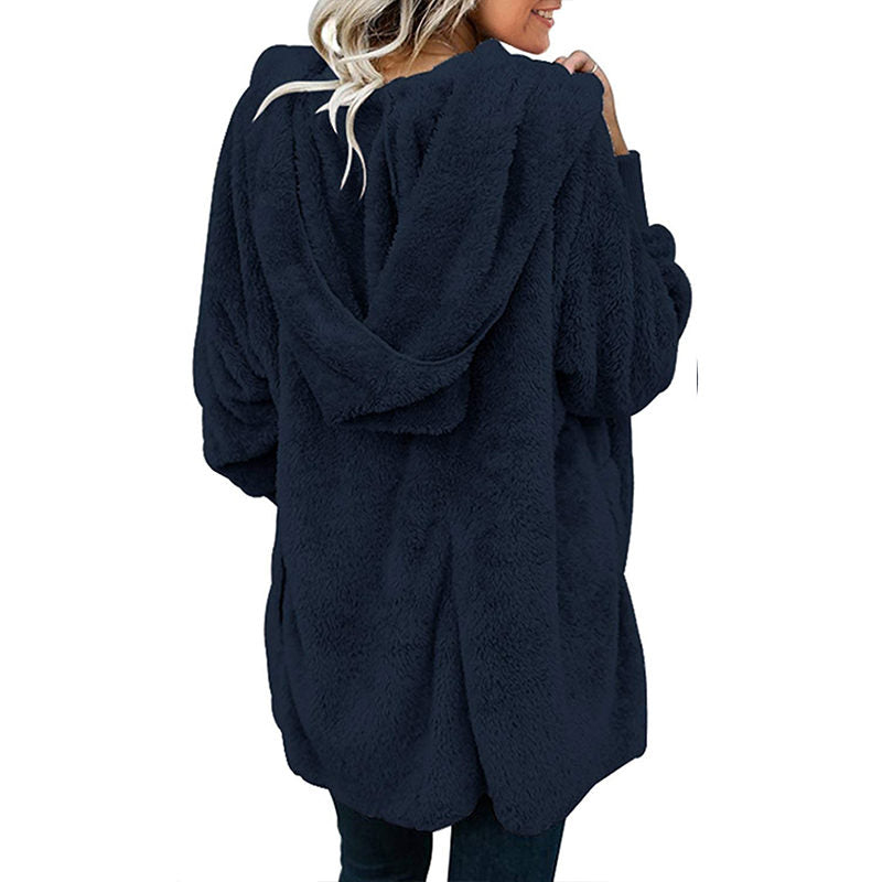 Beakey Womens Long Sleeve Fuzzy Fleece Jacket Hooded Cardigan Coat with Pockets-Blue
