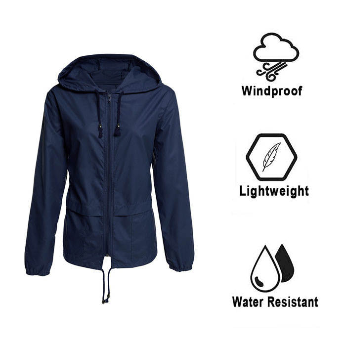 Beakey Women Lightweight Waterproof Raincoat Packable Outdoor Hooded Windbreaker-Dark Blue-AL1064